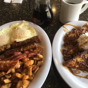 Hungry Man Special with extra sides of bacon, sausage, another egg, and praline pecan bourbon added to the French toast.