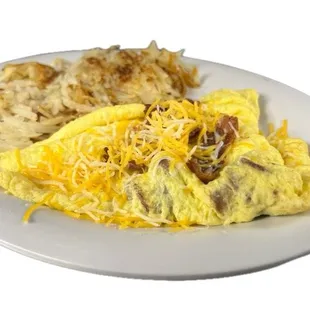Fresh Scrambled eggs with bacon and cheese served with hash browns