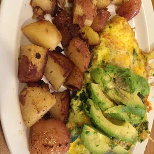 Three egg omelet, add spinach and avocado