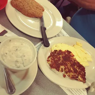 Country fried chicken, gravy on the side, eggs &amp; hashbrowns