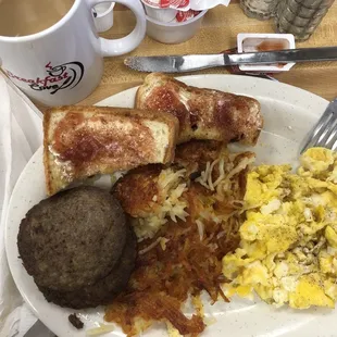 #2 Eggs, sausage, hash browns and toast.