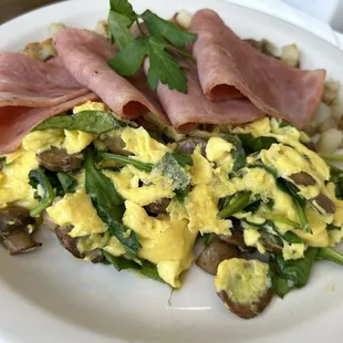 Spinach, mushroom omelet with ham.