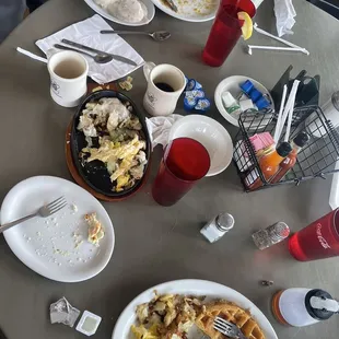 Cold food, hard chicken, disgusting gravy, burnt biscuit, undercooked hash browns. (Chicken &amp; waffles/country skillet/country fried steak).