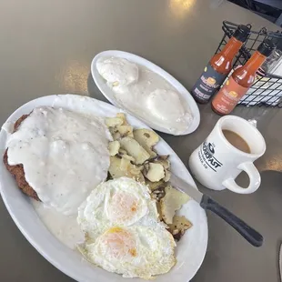 a plate of food and a cup of coffee