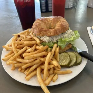 Chicken salad croissant with fries