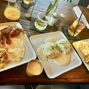 Everyday Egg Plate w/orange mimosa, Biscuits &amp; Duck Gravy w/Cinnamon Toast Crunch Old Fashioned, Everyday Egg Plate w/breakfast Sangria.