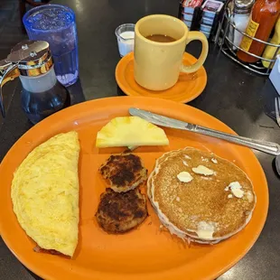 Black Forest ham, Brie &amp; fig omelet with pancakes.