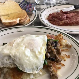 Florentine Jumble with Sourdough Toast and a aide of Corned Beef Hash.