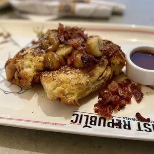French toast with peanut butter and bacon and maple syrup. Food comatose after this but who cares