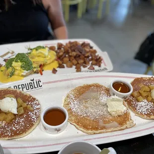 Pineapple Upside down and coconut pancakes were amazing! This is the tri  pancake sampler platter