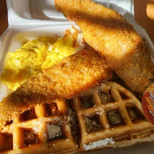 Fish and Waffle and 2 Eggs for Breakfast