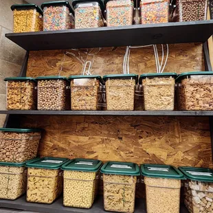 a shelf of cereal and cereal