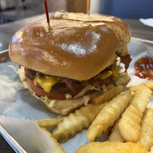 Bacon cheeseburger and fries