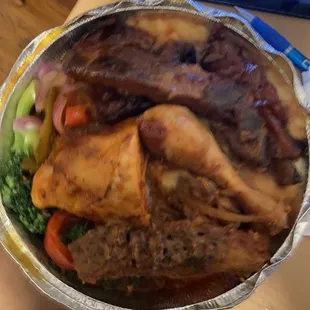 Bbq chicken legs , bbq ribs , veggies and mashed potatoes