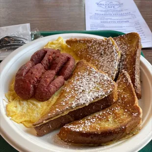 Old Fashioned French Toast, Side of Beef Sausage, scrambled eggs