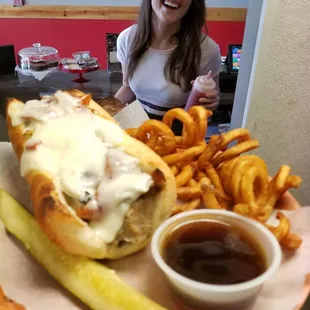 Delicious curly fry and chicken dip sandwich. Worth a try!
