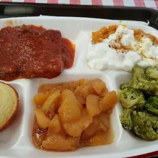 Meatloaf, cornbread muffin with 3 sides