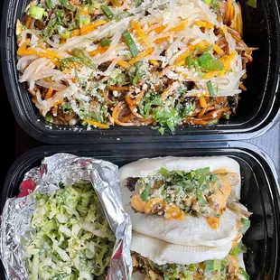Vegetable Yakisoba,  Napa Cabbage Slaw (included free!), Braised Beef Tonkatsu bao, Miso Pork Belly bao