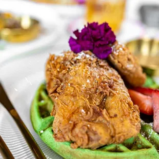 RBF: Resting Brunch Face ($23) Fried Chicken, Pandan Waffle, Cà Phê Sữa Đá syrup, &amp; topped w/ berries