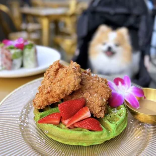 RBF - Resting Brunch Face: Fried Chicken w/ pandan waffle, cà phê sữa đá syrup, berries | $23