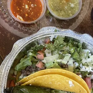 Delicious Taco w/Ground Beef with Green Salsa &amp; red Sauce