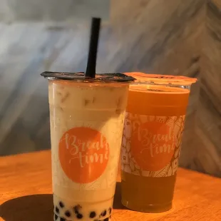 Jasmine Milk Tea with Boba (left) Mango Green Tea (right)