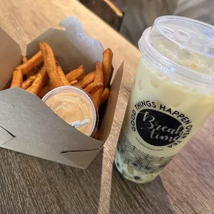 Mango Green Milk Tea with honey boba and mango stars  Sweet Potato Fries