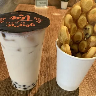 Left: Royal Rose Green Tea; Right: hk style egg waffle
