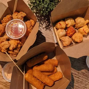 Popcorn chicken, lobster balls, mozzarella cheese sticks