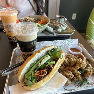 bahn mi, Popcorn Chicken, vermicelli bowl, Spring Rolls, Royal Milk Tea,, Thai Milk Tea