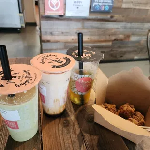 Avocado smoothie, Okinawa milk tea, mango mojito and popcorn chicken