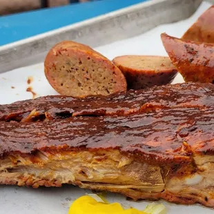 Pork Spare Ribs and House Smoked Link