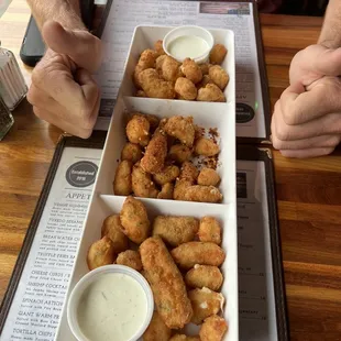 Cheese Curds trio with regular spicy and garlic! Sides of ranch too.