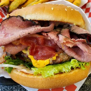 Bacon cheese burger add pastrami - meh. Very thin patty. Ask for a thicker patty or double patties.