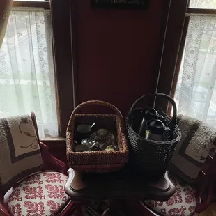 Baskets of coffee and warm muffins 1 hour before breakfast