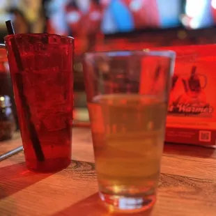 a glass of beer and a plate of food