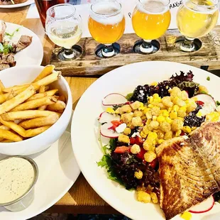 Mile High Salad w/ Grilled Salmon and sub with Green Goddess Dressing;  Fries on the side