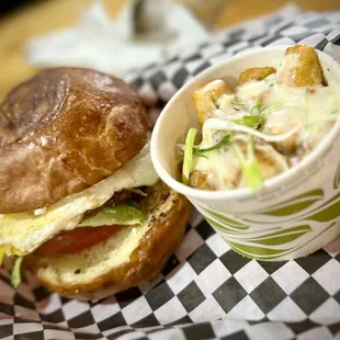 The Zeiter Breakfast Sandwich and delicious cheesy potatoes.