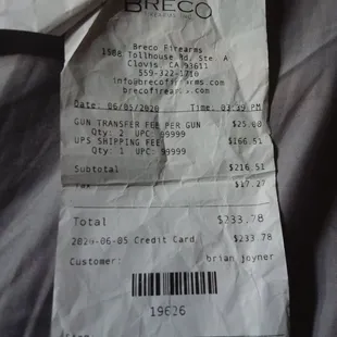 Receipt for transfer.