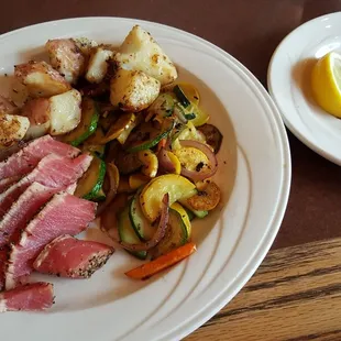 Seared ahi tuna dinner.