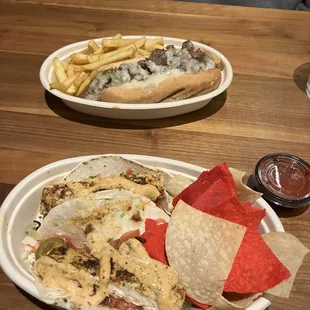 Mahi tacos and Philly cheese steak