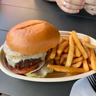 Paradise burger with fries