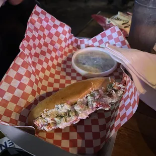 Lobster roll and broccoli salad