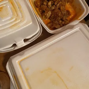 The cook placed the order, Buffalo chicken bites, directly from the fryer in the container, melting it. It created a mess everywhere.