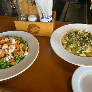 Buffalo chicken salad and spinach artichoke Mac and cheese