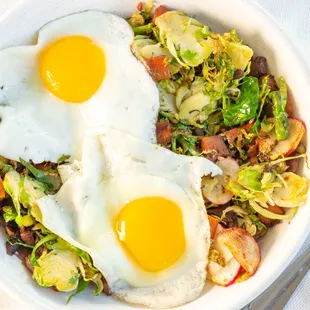 Plant-based hash is a popular pick, includes roasted sweet potatoes, brussel sprouts, asparagus and radish.