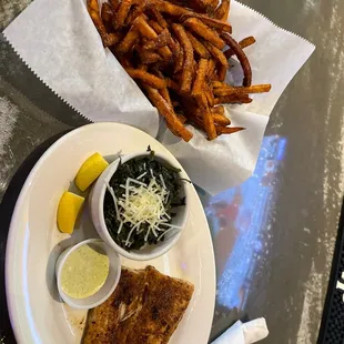 Blackened mahi-mahi, Italian spinach and sweet potato fries