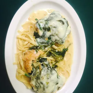 Chicken Diego over fettuccine