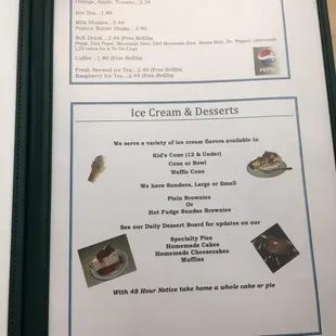 a menu for ice cream and desserts