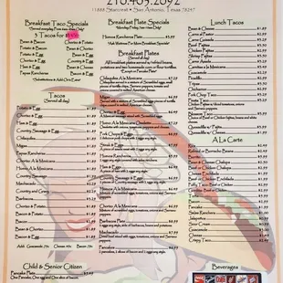 Front side of current menu (Jan 2023)